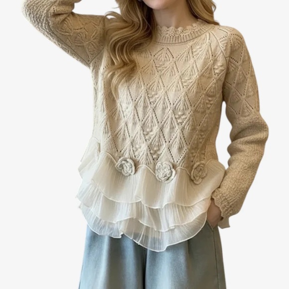 Sweaters - Cream Knit Sweater with Ruffle Hem